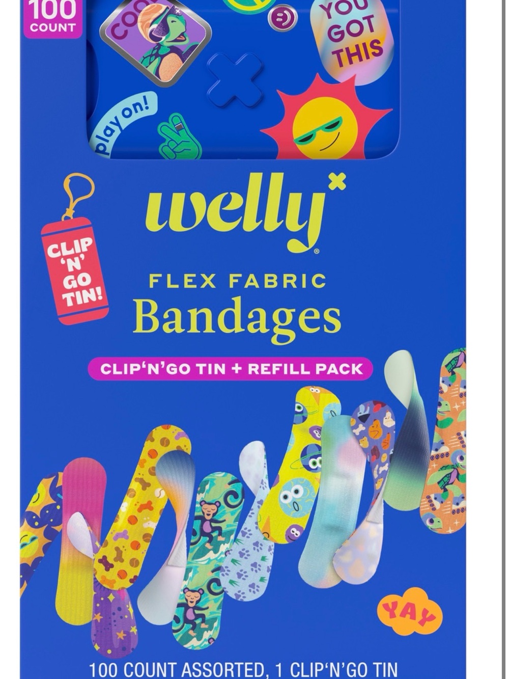 Welly 100 Flex Fabric Bandages + Clip n’ Go Tin + Refill pack